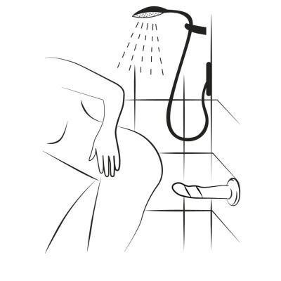 Desenho a preto e branco de uma pessoa sob chuveiro com objeto em formato fálico na parede