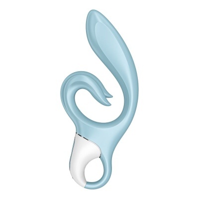 Vibrador azul claro com detalhes brancos e formato curvo