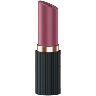 Batom de cor rosa escuro com embalagem preta sulcada e detalhe dourado