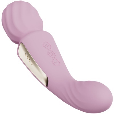 Vibrador rosa claro com textura, botão e detalhe dourado
