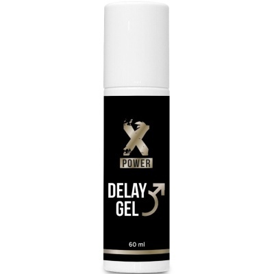 Frasco cilíndrico branco com rótulo preto e texto X POWER DELAY GEL