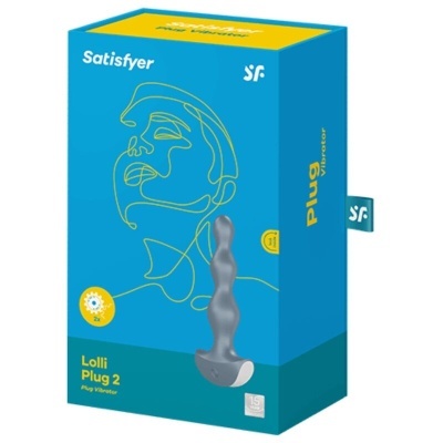 Embalagem azul e amarelo do plug anal Satisfyer Lolli Plug 2 com imagem do produto cinzento
