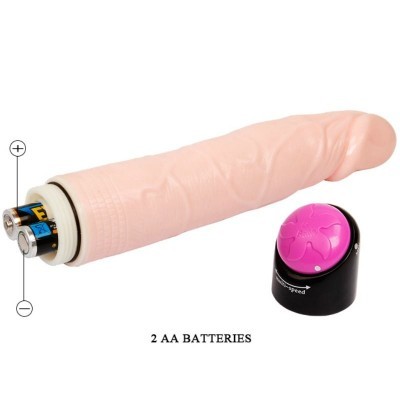 Vibrador realístico cor pele com compartimento para 2 pilhas AA e controlo remoto preto e rosa.