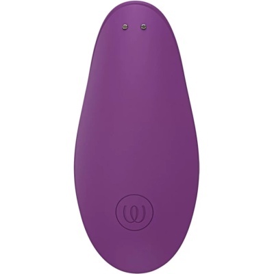 Dispositivo eletrônico portátil roxo com duas esferas metálicas no topo e símbolo circular gravado