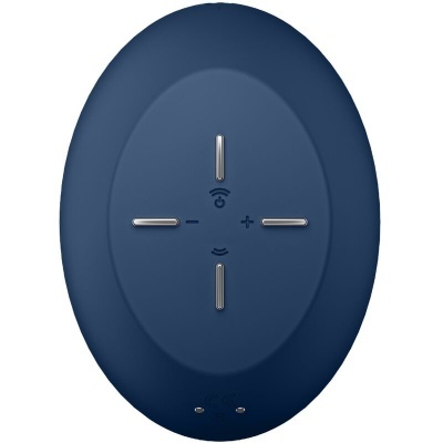 dispositivo eletrônico oval azul com botões cromados e ícones