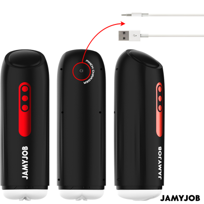 Dispositivos JAMYJOB pretos com detalhes vermelhos e cabo USB branco