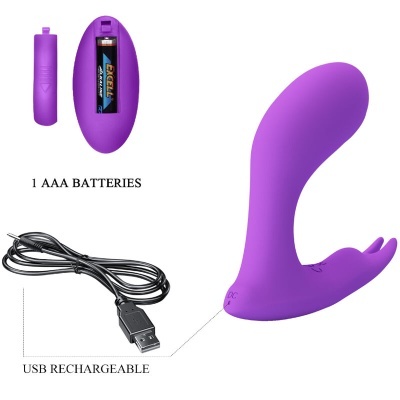 Dispositivo sexual roxo com pilha AAA e cabo USB
