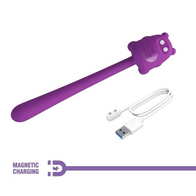 Produto roxo em forma de urso com cabo USB branco para carregamento magnético