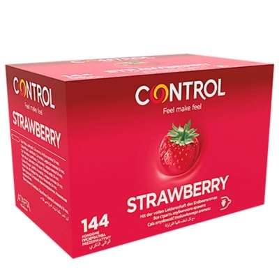 embalagem vermelha CONTROL STRAWBERRY com imagem de morango