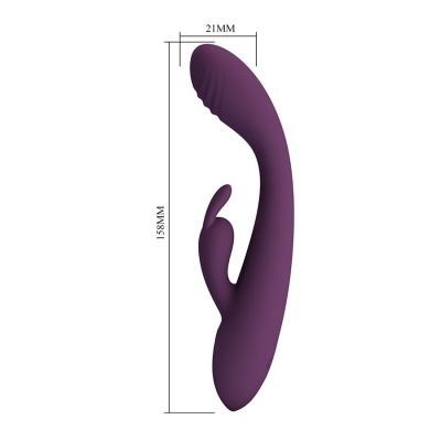 Vibrador roxo com duas pontas e texturas, dimensões indicadas