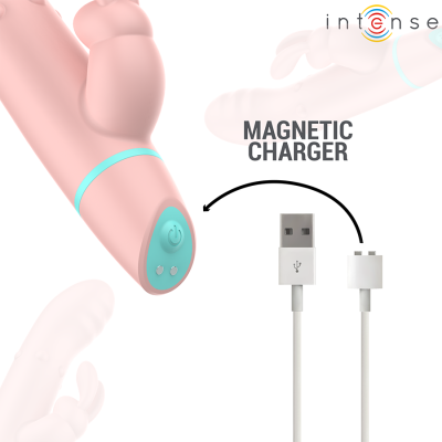 Vibrador rosado com botão azul e carregador magnético USB