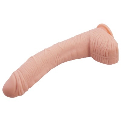 Dildo anatómico bege claro com textura detalhada e base circular em fundo branco