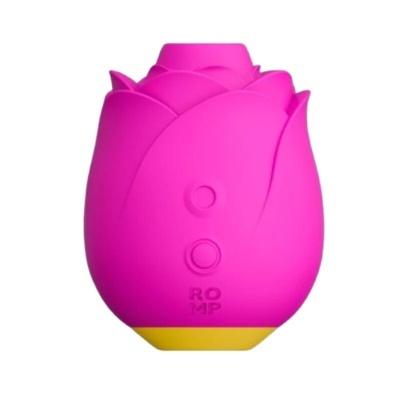 Dispositivo rosa em forma de rosa com botões e base amarela