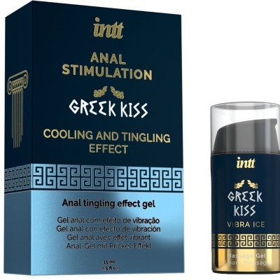 Gel estimulante anal Greek Kiss em embalagem azul e dourada