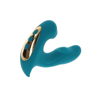 Vibrador azul turquesa com botão dourado em fundo branco