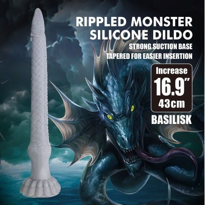 Dildo branco de silicone com textura escalada e base de ventosa ao lado de uma ilustração de monstro azul.