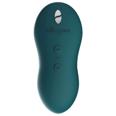Massageador verde escuro com botão e logotipo WE-VIBE