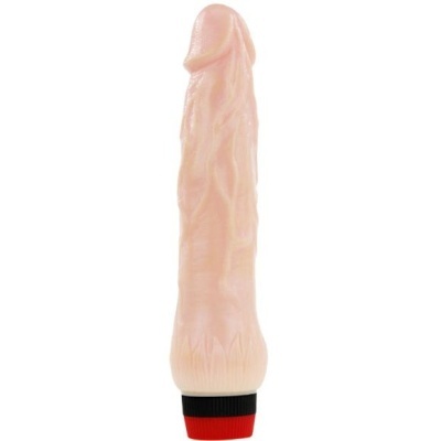 Vibrador em forma de pénis, cor de pele, base preta e vermelha.