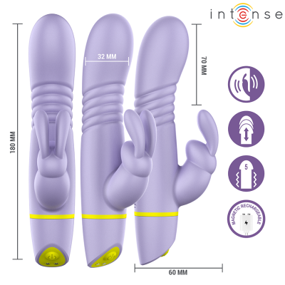 Vibrador roxo com forma de coelho e detalhes amarelos, com medidas e ícones de funcionalidade.