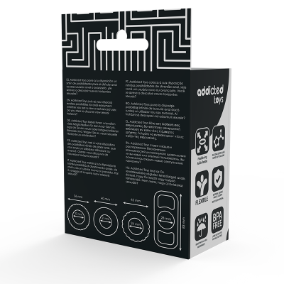 Embalagem preta do produto Adicted Toys com texto e ícones informativos