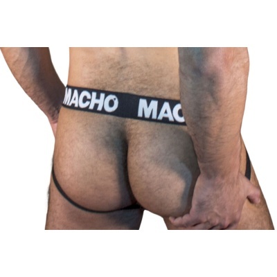 Cueca jockstrap preta com faixa elástica larga na cintura com o texto branco MACHO.