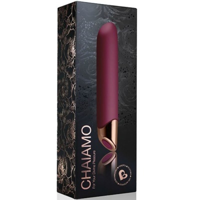 Vibrador rosa escuro com base dourada e caixa preta com motivos florais e texto CHAIAMO