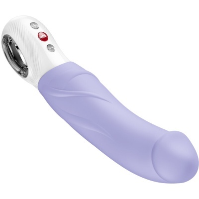 Vibrador lilás com pega branca e botões de controlo