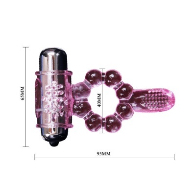 Anel vibratório roxo transparente com esfera metálica prateada e textura em relevo