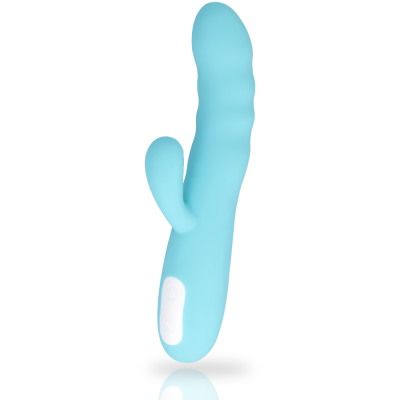 Vibrador de silicone azul claro com botão branco e textura ondulada