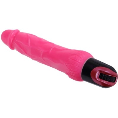 Vibrador cor-de-rosa com base preta e controle vermelho em fundo branco