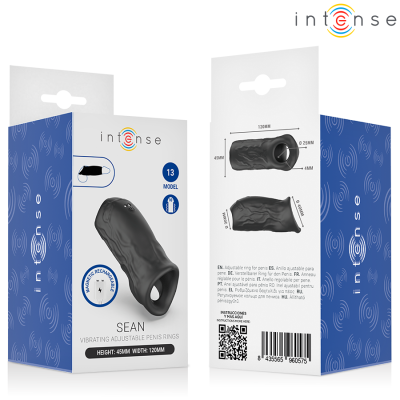 Embalagem do anel peniano vibratório ajustável Intense Sean preto com dimensões e logótipos da marca