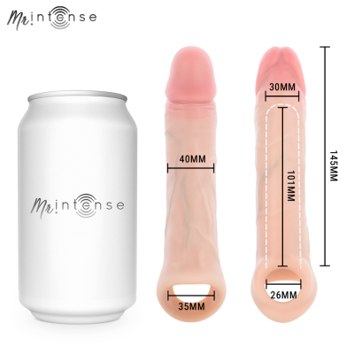 Produto capa para pénis em silicone com marca Mr.intense ao lado