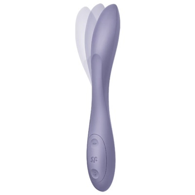 Vibrador lilás em silicone com design curvado e botões de controlo