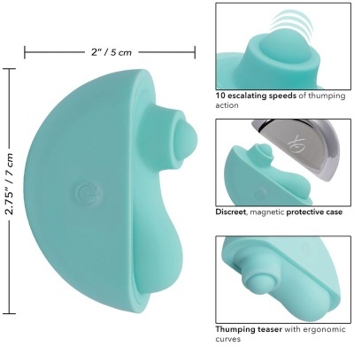 Dispositivo azul turquesa pequeno com botão liga/desliga e texto sobre funcionalidades.