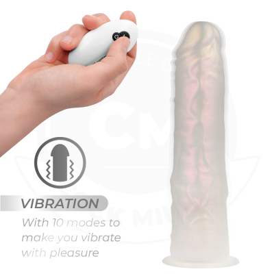 Dispositivo vibrador branco com botão preto e vibrador rosa translúcido com textura realista