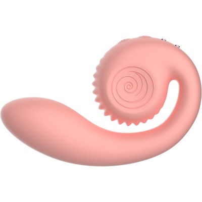 Dispositivo em silicone rosa com formato curvo e textura espiral.
