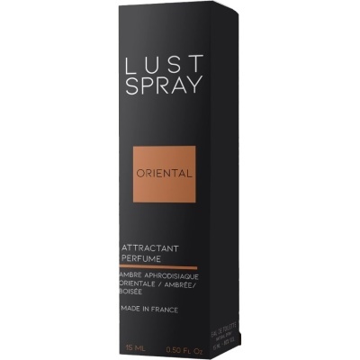 Embalagem preta de perfume Lust Spray Oriental com texto branco e detalhe laranja
