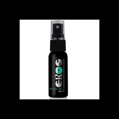 Frasco preto com spray pulverizador e texto ERoS prolong 101 MAN