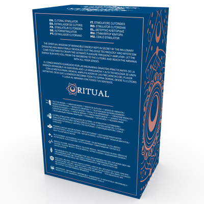 Embalagem azul de estimulador clitoriano com texto multilingue e padrão laranja abstrato nas laterais