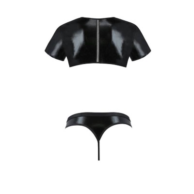 Conjunto de roupa interior preto brilhante, top curto e tanga fina