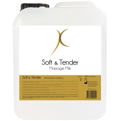 Recipiente branco quadrado de Soft & Tender Massage Milk com rótulo amarelo e branco