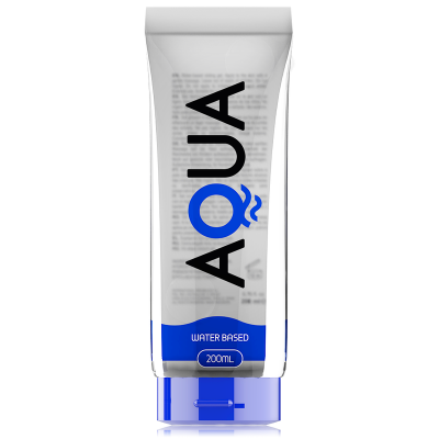 Frasco plástico transparente com tampa azul e rótulo AQUA, 200 mL, à base de água