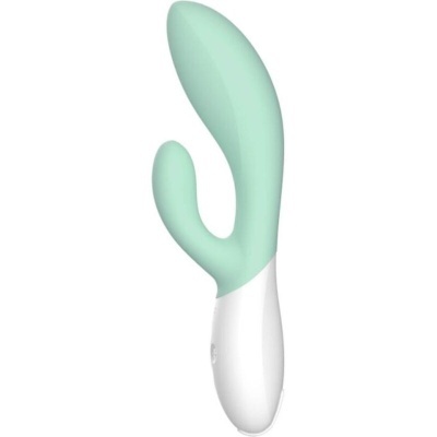 Vibrador de silicone verde água e branco com duas pontas distintas