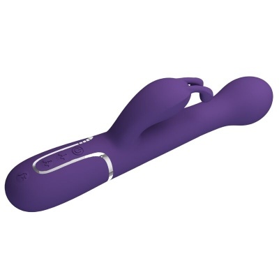 Vibrador roxo em silicone com duas extremidades e botão de controlo