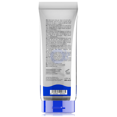 Parte de trás de tubo plástico branco e azul com texto e tampa azul