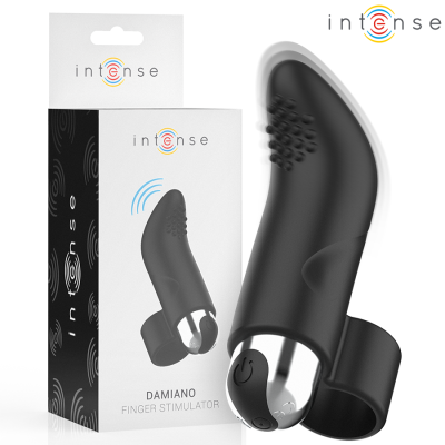Vibrador estimular de dedo preto e embalagem da marca Intense