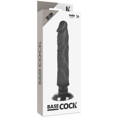 Dildo preto com embalagem branca e texto BASE COCK.