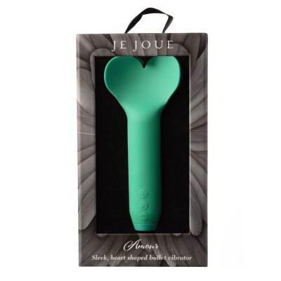 Vibrador bullet verde em formato de coração na embalagem