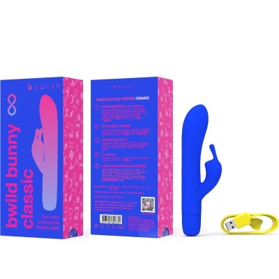 Vibrador azul bswish bwild bunny classic com duas caixas coloridas e cabo USB amarelo.