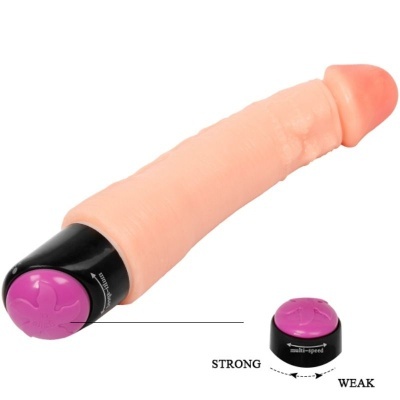 Vibrador cor de pele com base preta e botão roxo, controlo de intensidade, fundo branco